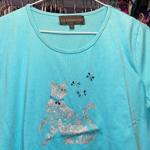 La Madonna silver cat tshirt teal green blue color shirt size small - Picture 4 of 5